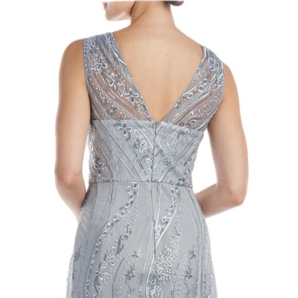 NWT JS Collections embroidered floral and sequin v-neck column gown in silver. S - Picture 4 of 16